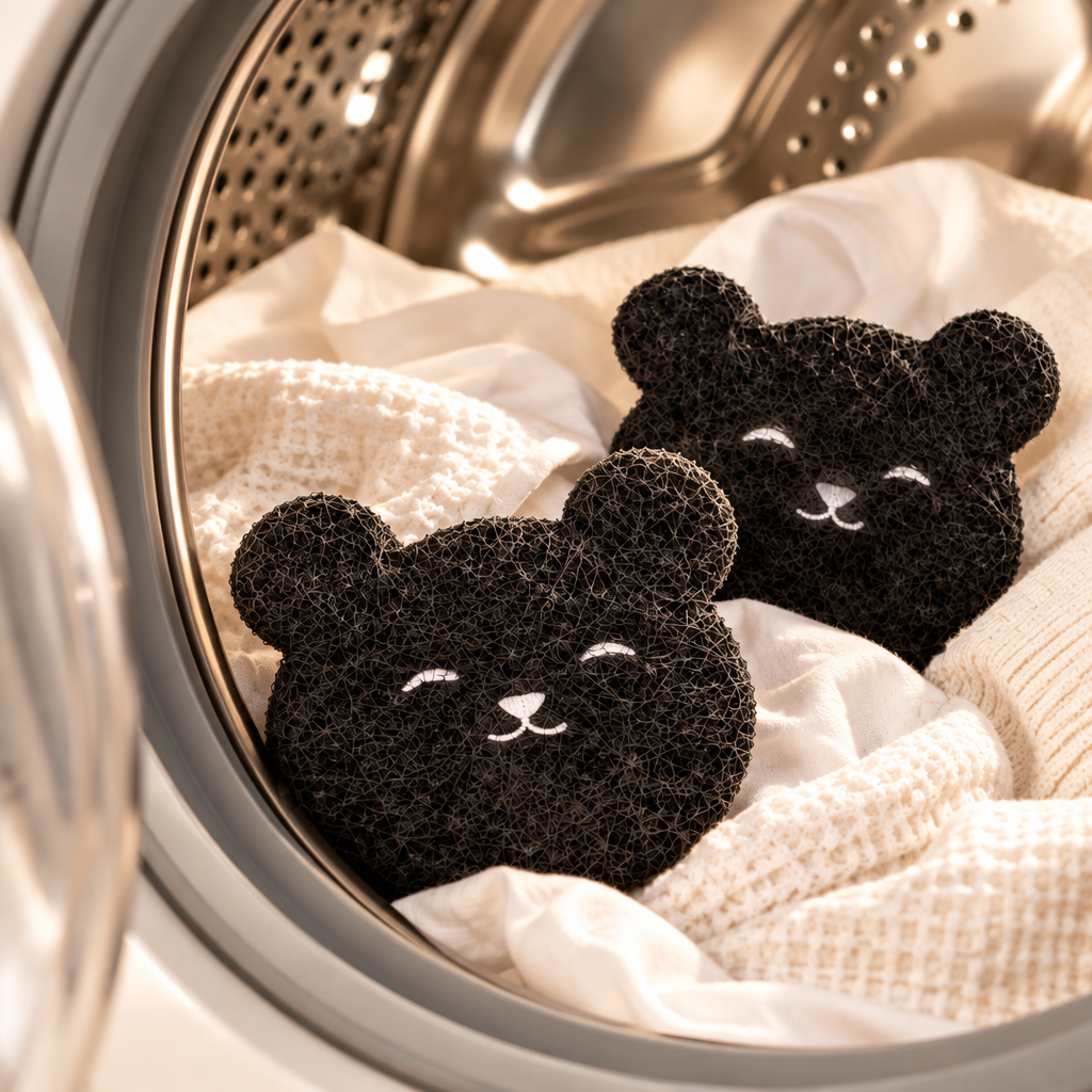 DOGHAUS WASH PAWS inside a washing machine drum with white laundry